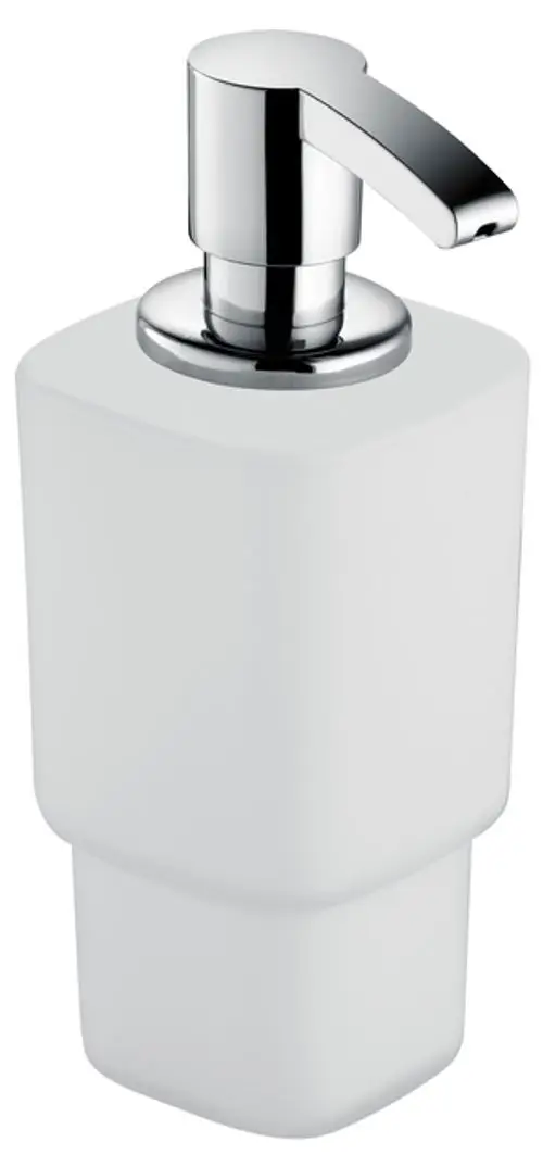 Schaumseifenspender aus mattem, opalglänzendem Glas mit verchromtem Pumpkopf. Produkt aus der Elegance-Serie von Keuco, geeignet für Badezimmeranwendungen.